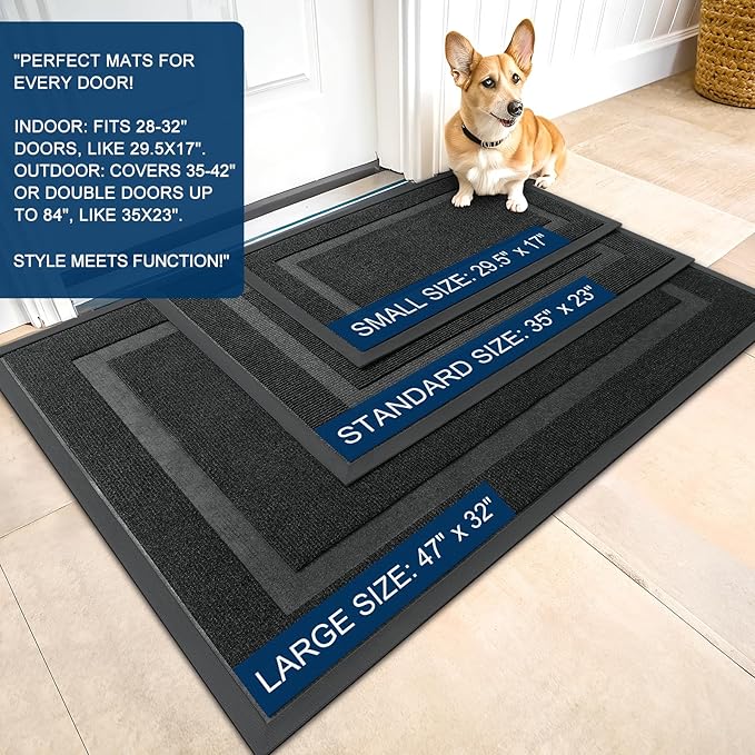 OLANLY Front Door Mat Indoor Outdoor Entrance, Waterproof All-Season, All-Weather Doormat, Sturdy Natural Rubber, Fade Resistant, Low Profile, Easy Clean Patio Porch Entryway Mat, 35x23, Black