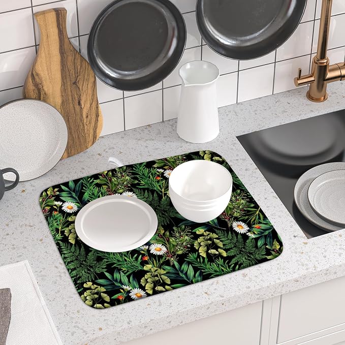 Green Botanical Dish Drying Mat 16x18 Inch Plant Leaf Fast Dry Dish Drainer - Image 6