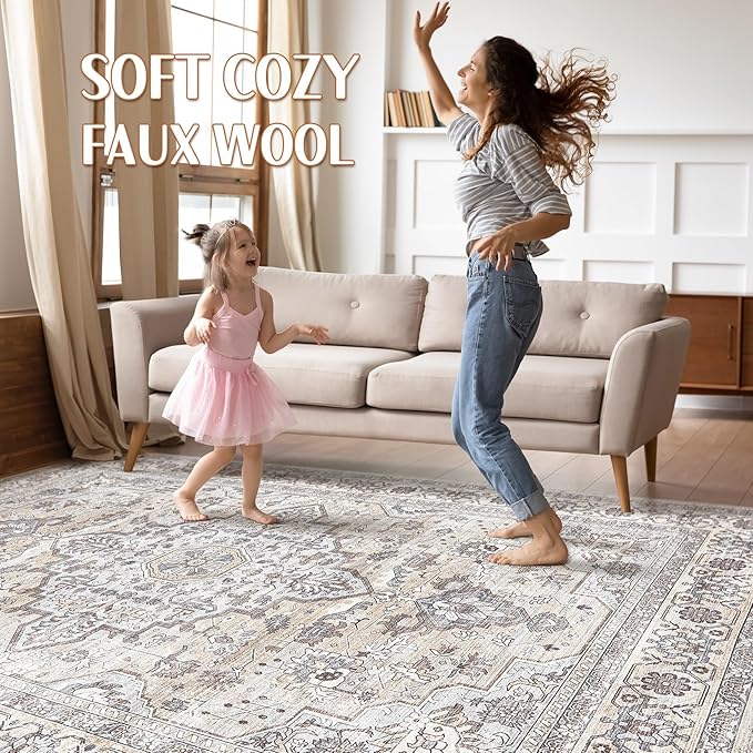 9x12 Area Rug Living Room: Washable Boho Large Neutral Vintage Soft Rugs Stain Resistant Farmhouse Non Slip Indoor Floor Carpet for Bedroom Nursery Kids Playroom Office Dining Room Home- Ivory Gray