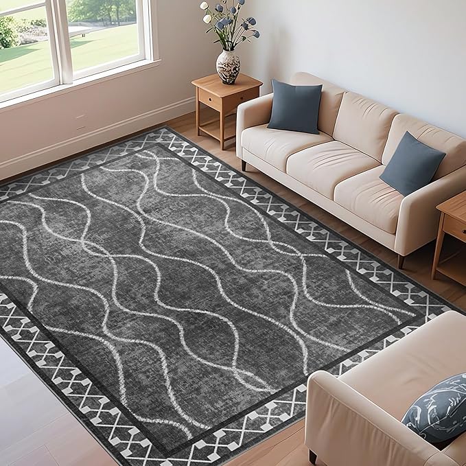 4x6 Area Rugs for Living Room Bedroom, Machine Washable Low Pile Rugs, Non Slip Modern Bordered Print Indoor Carpet for Entryway Office Dining Room Dorm Home Decor, Dark Grey