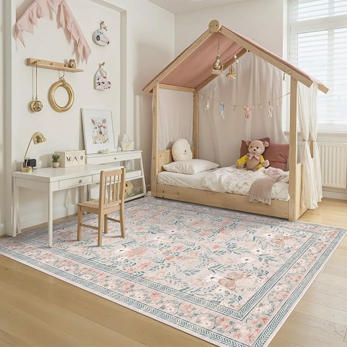 Pink Floral 5x7 Washable Area Rug, Vintage Boho Non Slip, Low Pile Rugs by Rugxara