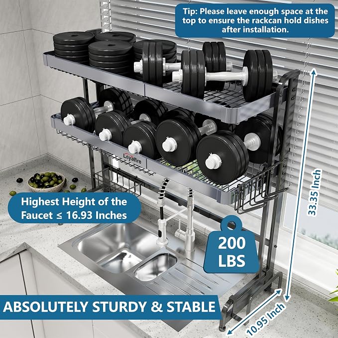 Over Sink Dish Drying Rack, 3 Tier Adjustable Length Stainless Steel Large - Image 3