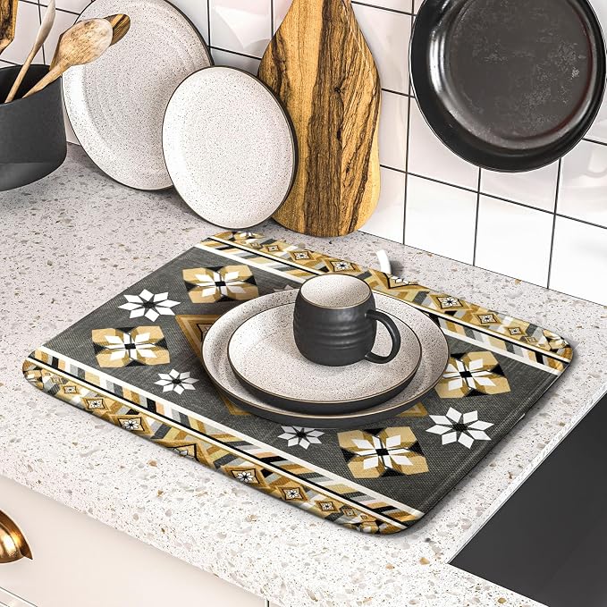 Boho Yellow Gray Aztec Dish Drying Mat - Image 5