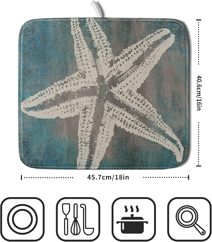 Giwawa Vintage Starfish Dish Drying Mat Coastal Beachy Nautical Drainer Rack - Image 2