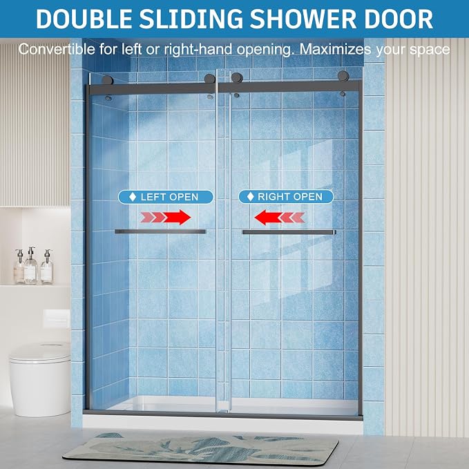 Frameless Shower Door, 56-60" W x 72" H Double Sliding Shower Doors, 1/4" Thick - Image 2