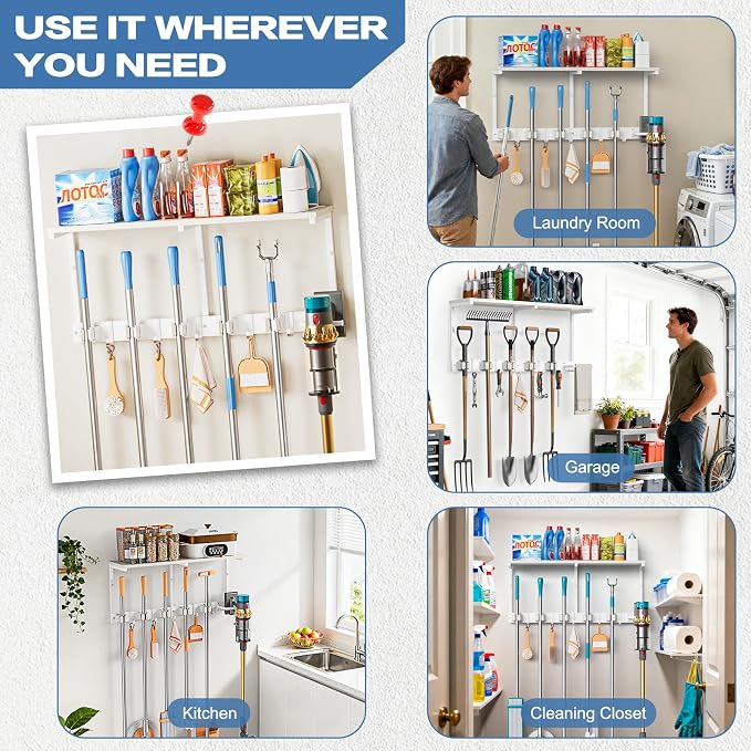 Broom Holder Wall Mount with Cleaning Supplies Organizer, Laundry Room - Image 6