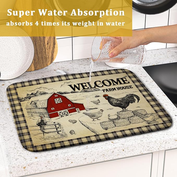 Farmhouse Rooster Dish Drying Mat 16x18 Inch Country Chicken Absorbent Dish - Image 7