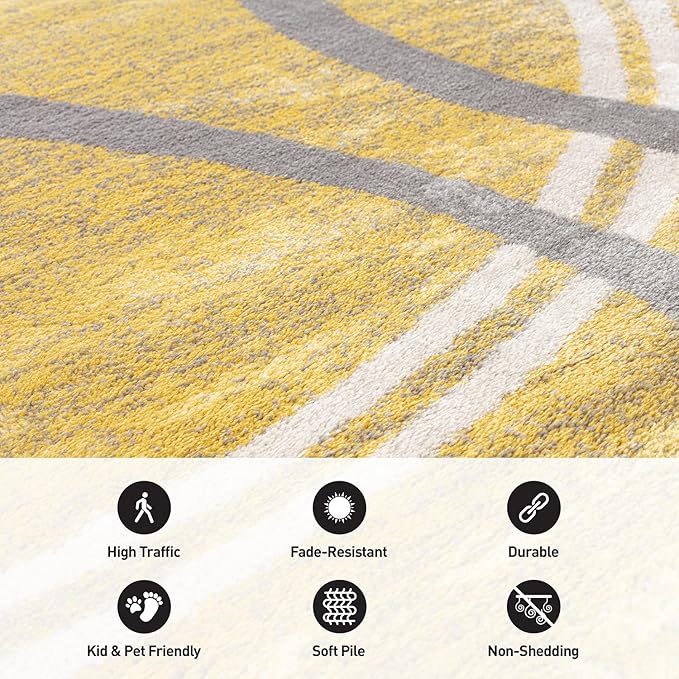 Rugshop Wavy Circles Design Runner Rug, Non-Shedding Carpet for Hallway, Entryway, or Kitchen, Yellow, 2' x 10'