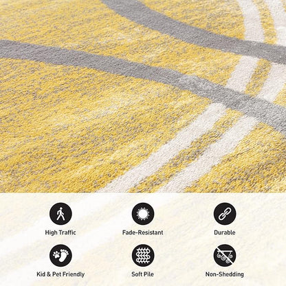 Rugshop Wavy Circles Design Runner Rug, Non-Shedding Carpet for Hallway, Entryway, or Kitchen, Yellow, 2' x 10'