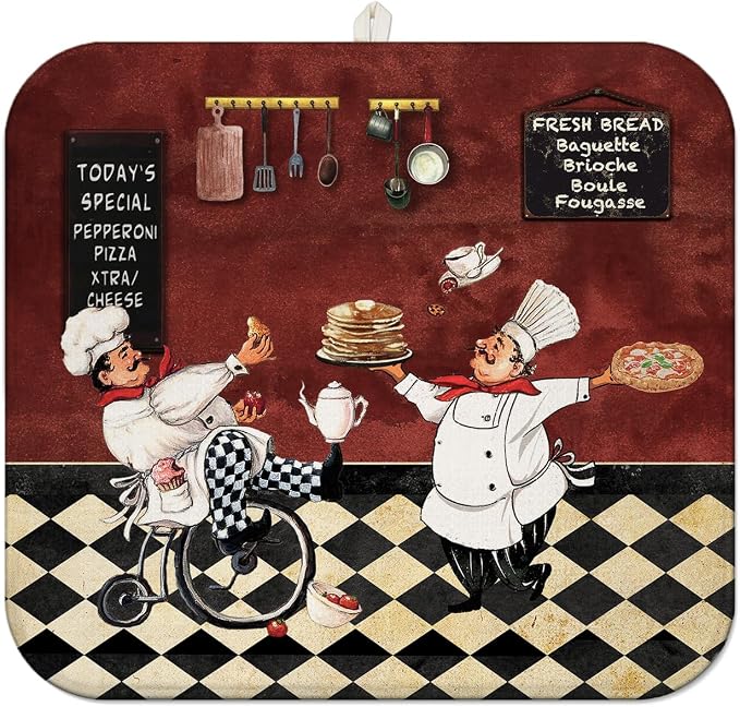 Chef Dish Drying Mat For Kitchen Counter, Italian Wine Red Fat Chef Microfiber by Unknown