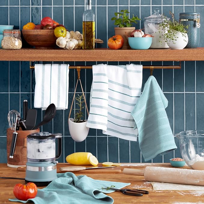 KitchenAid Albany Kitchen Towel 4-Pack Set, Mineral Water Aqua/White - Image 2