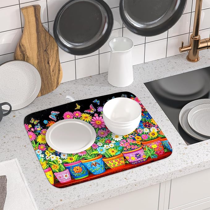 Colorful Floral Dish Drying Mat 16 X 18 Black Spring Flowers Absorbent - Image 6