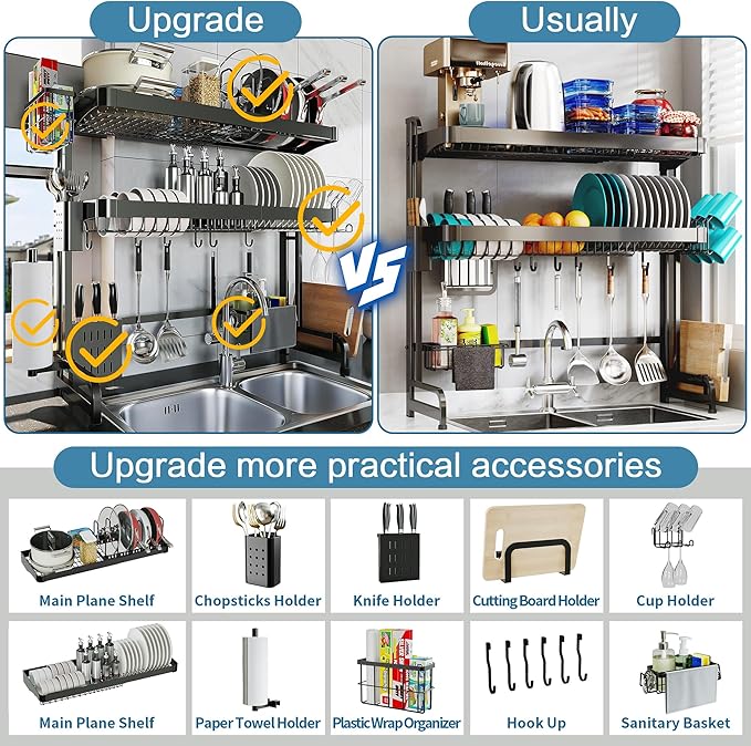 Over The Sink Dish Drying Rack, 3 Tier Adjustable Length Full Stainless Steel - Image 3
