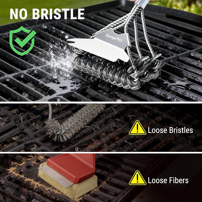 TempPro BBQ Grill Brush with Wide Scraper, Bristle-Free Stainless Steel - Image 2