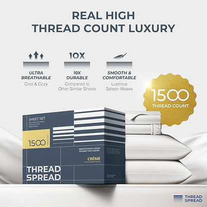THREAD SPREAD 100% Egyptian Cotton Sheets California King Size - 1500 Thread Count 4 PC Cal King Sheets Egyptian Cotton, Cooling Sateen Sheet, High Thread Count Sheet California King - Light Grey