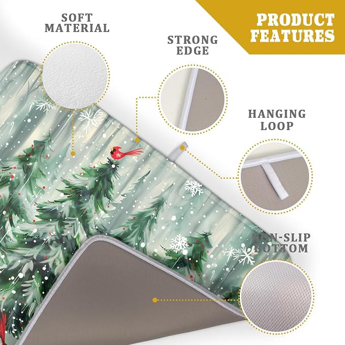 Winter Pine Tree Dish Drying Mat Red Bird Berry Dishes Drainer Mats Absorbent - Image 4