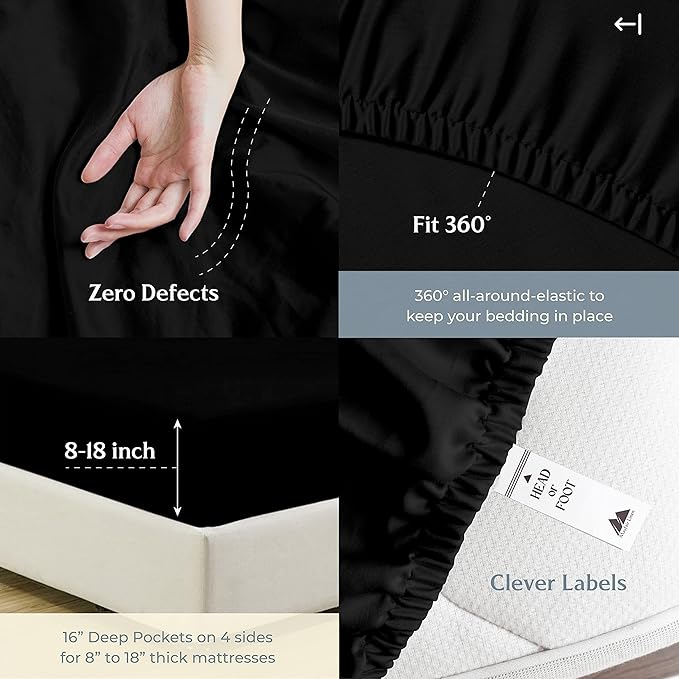Mayfair Linen 500 Thread Count Split King Sheets Sets for Adjustable Bed - 5 PC Split King Size Bed Sheet Set Cotton (Black), Soft, Cooling, Sateen Weave 16" Deep Pocket Bedsheet (Fits 18" Mattress)