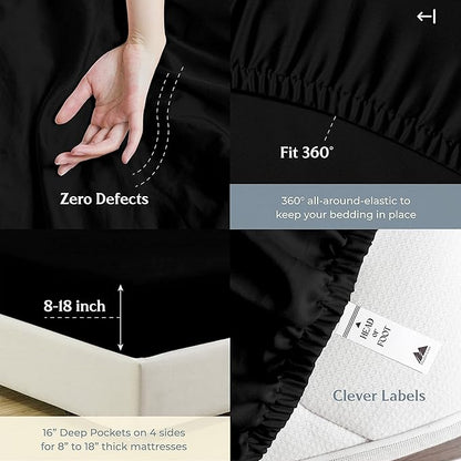 Mayfair Linen 500 Thread Count Split King Sheets Sets for Adjustable Bed - 5 PC Split King Size Bed Sheet Set Cotton (Black), Soft, Cooling, Sateen Weave 16" Deep Pocket Bedsheet (Fits 18" Mattress)