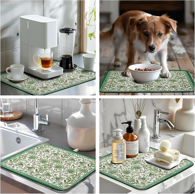Green Floral Dish Drying Mat for Kitchen Counter 16x18 Inch Spring Summer - Image 7