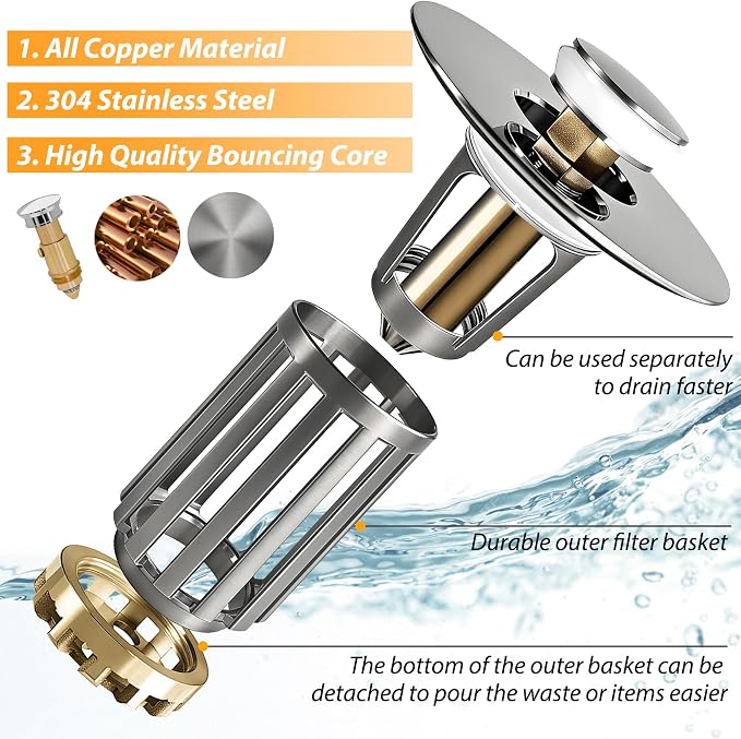 3 in 1 Pop Up Bathroom Sink Stopper, Bathroom Sink Drain Strainer, - Image 6