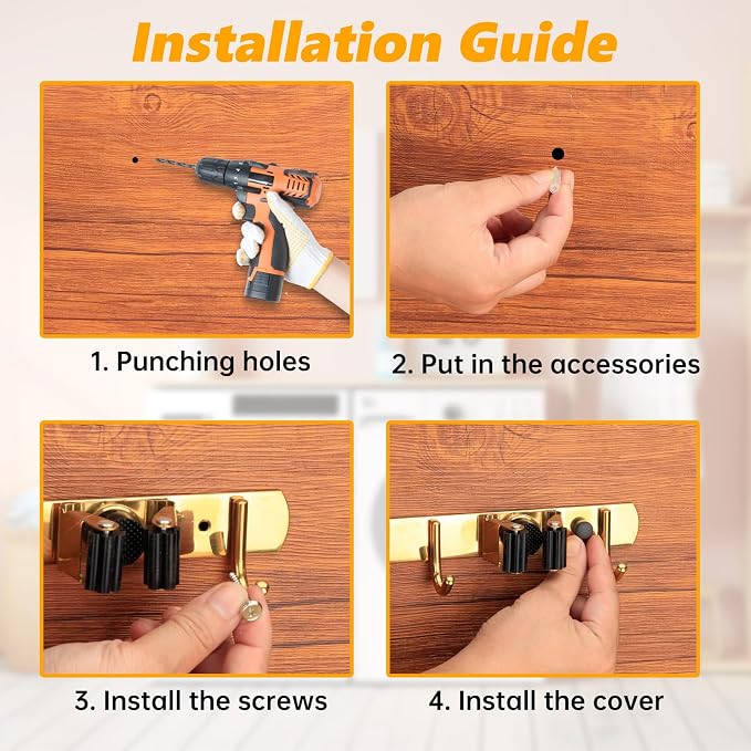 3 Racks and 4 Heavy Duty Hooks Mop and Broom Holder Wall Mount, Non-slip - Image 7