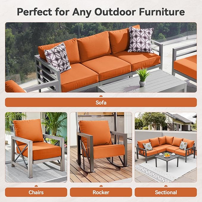 Luxury 6" Outdoor Cushions for Patio Furniture, 24x24x6" Thick Seat Cushion Set of 7, Fade Resistant Couch Chair Replacement Cushions High Density Deep Wicker Chair Cushion w/ Removable Cover, Orange