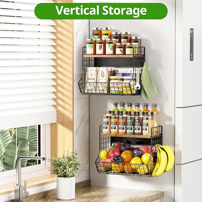 Magnetic Shelf for Fridge with Wood Lid, Fruit Potato and Onion Storage Bins - Image 4