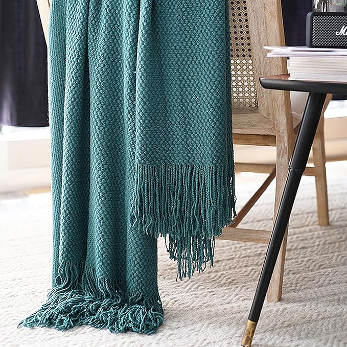 LOMAO Knitted Throw Blanket with Tassels Bubble Textured Lightweight Throws for Couch Cover Home Decor (Teal, 60x80)