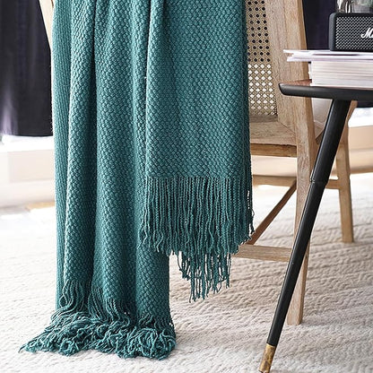 LOMAO Knitted Throw Blanket with Tassels Bubble Textured Lightweight Throws for Couch Cover Home Decor (Teal, 60x90)