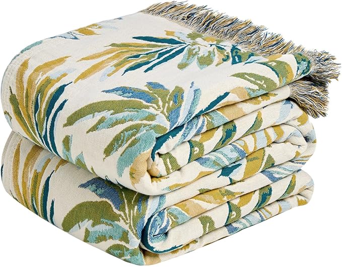 MSGKV Boho Throw Blanket for Couch Cotton Leaves Blanket 50"x60" Throws for Sofa Chair Muslin Breathable Lightweight Farmhouse Blankets Home Decor All Seasons