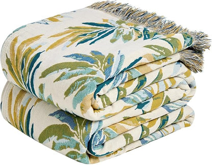 MSGKV Boho Throw Blanket for Couch Cotton Leaves Blanket 50"x60" Throws for Sofa Chair Muslin Breathable Lightweight Farmhouse Blankets Home Decor All Seasons