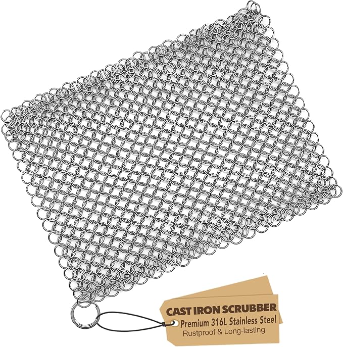 Cast Iron Scrubber 316 Stainless Steel Skillet Cleaner 8"x6" Chainmail Scrubber by TOPULORS