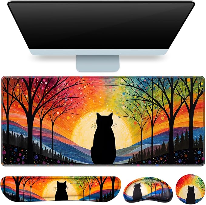 Mouse Pad with Wrist Rest Black Cat, 4-in-1 Large Mousepad+Keyboard Wrist by QOMOLAMA