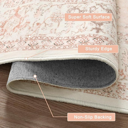 LIVEBOX Large Vintage Area Rug 6x9 - Washable Retro Tribal Pink Rug for Living Room, Soft Boho Anti-Skid Carpet Low-Pile Stain Resistant Floral Rugs for Girl Room Office