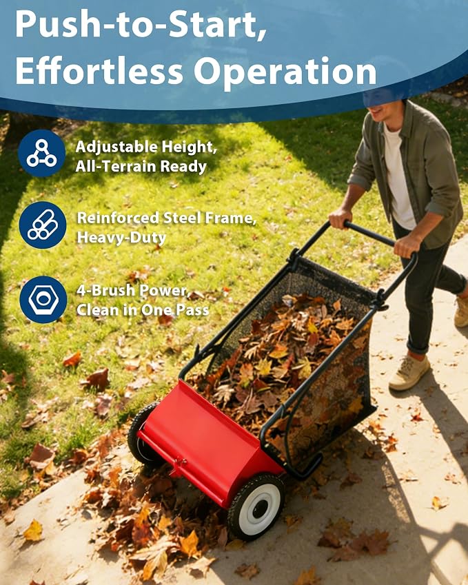 Push Lawn Sweeper, 26 in Width Enhanced 4-Brush System, 7 ft Capacity Heavy - Image 2