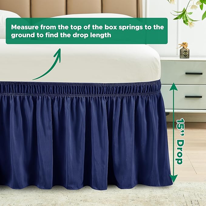 Biscaynebay Wrap Around Bed Skirts for King & Cal King Beds 15" Drop, Navy Adjustable Elastic Dust Ruffles Easy Fit Wrinkle & Fade Resistant Silky Luxurious Fabric Machine Washable