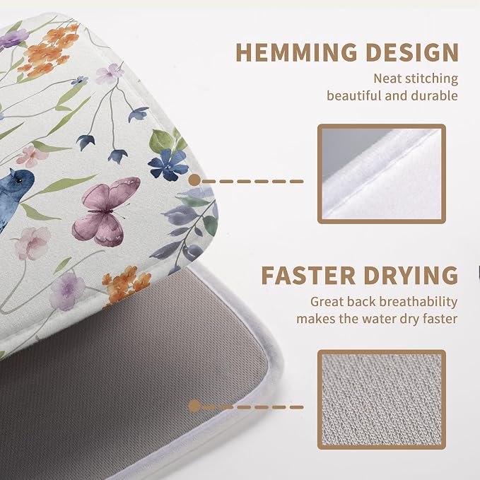 Spring Floral Birds Dish Drying Mats Spring Summer Dish Mat Green Leaf - Image 3