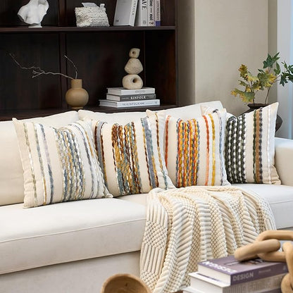 Aeckself Boho Pillow Covers 18x18 Inch Set of 2, Farmhouse Decorative Striped Square Chenille Tufted Accent Neutral Throw Pillow Covers for Living Room Couch Bed, Orange White