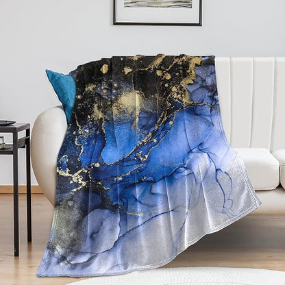 Modern Marble Blanket, Abstract Luxury Baroque Golden Dark Blue Stone Veins Pattern Soft Warm Cozy Plush Flannel Covers for Livingroom Bedroom Couch Chair Camping Travel Home Decor Tapestry 40x50in