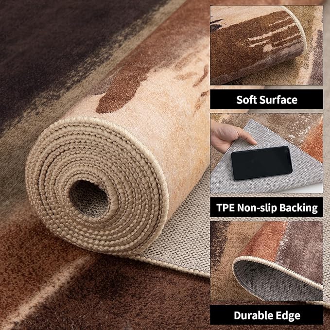 Ciicool 2x6 Washable Runner Rug, Modern Abstract Hallway Rugs Runner, Non-Slip Thin Accent Rug Lightweight Brown Grey Print Distressed Carpet for Laundry Entryway Bedroom Kitchen Indoor