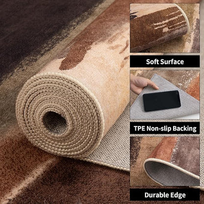 Ciicool 2x6 Washable Runner Rug, Modern Abstract Hallway Rugs Runner, Non-Slip Thin Accent Rug Lightweight Brown Grey Print Distressed Carpet for Laundry Entryway Bedroom Kitchen Indoor