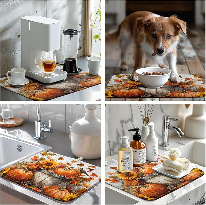Fall Dish Drying Mat for Kitchen Counter Autumn Thanksgiving Pumpkin Sunflower - Image 7