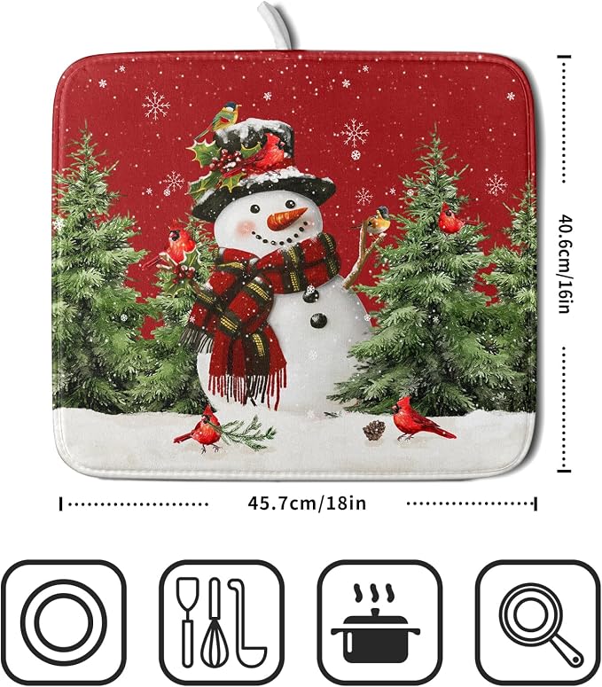 Christmas Dish Drying Mat for Kitchen Counter Snowman Green Christmas Tree - Image 2