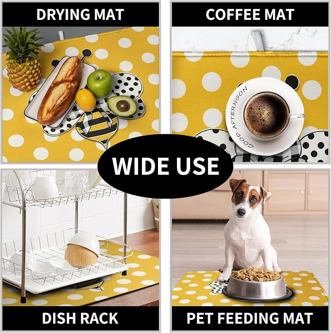 Bee Dish Drying Mat for Kitchen Counter 16x18 Inch Yellow Honey Bees Polka Dots - Image 7