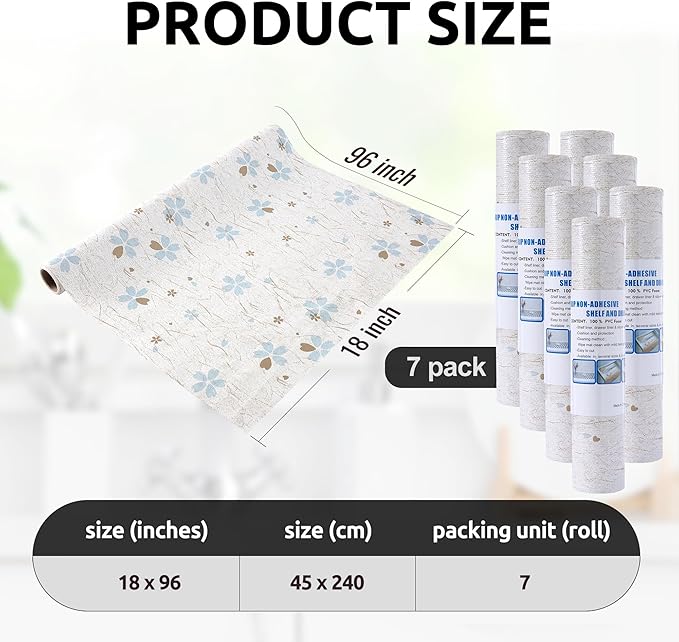 RAY STAR 18X96 Inch Shelf Liner for Kitchen Cabinets, Non-Adhesive Cabinet Liner Washable, PVC Drawer Liner for Dresser Non-Slip Bathroom (Floral)(7 Roll)