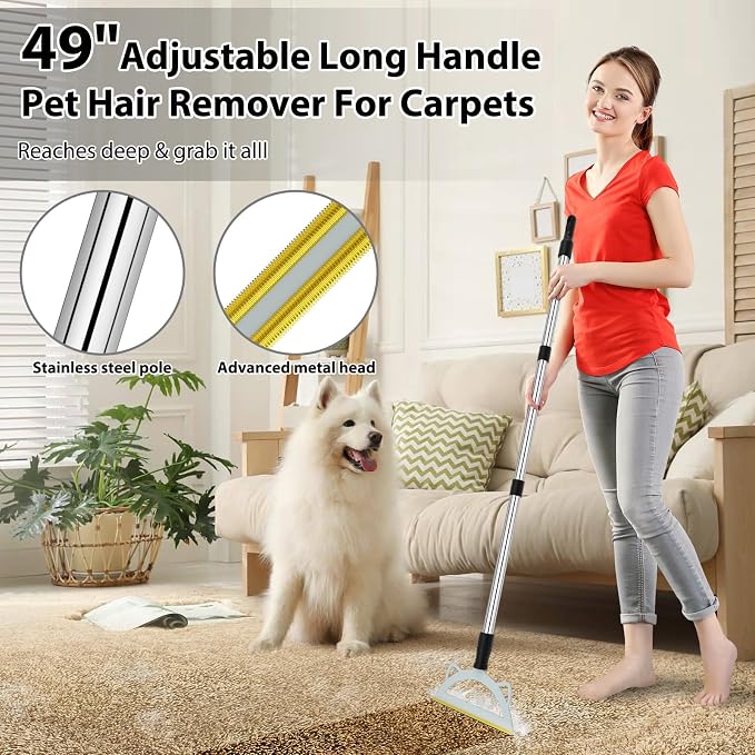 Carpet Rake for Pet Hair Removal, 49” Adjustable Long Handle Pet Hair Removal - Image 3