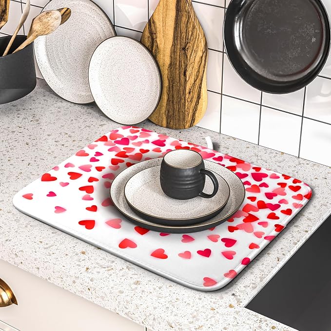 Valentines Dish Drying Mat for Kitchen Counter Hearts Holiday Microfiber - Image 5