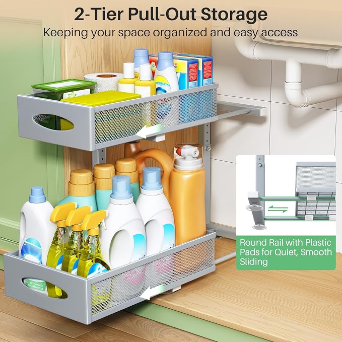 1 Pack Under Sink Organizer, 2 Tier Pull out Cabinet Organizer Mesh Baskets - Image 3