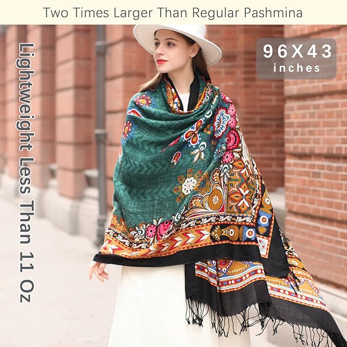 DANA XU 100% Merino Wool Pashmina Shawl for Women 96"x43", Oversized Cashmere Wrap with Tassels, Floral Travel Blanket Cape