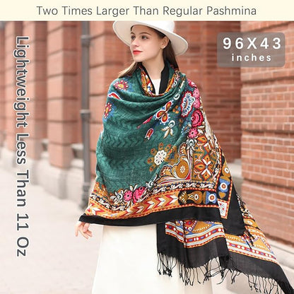 DANA XU 100% Merino Wool Pashmina Shawl for Women 96"x43", Oversized Cashmere Wrap with Tassels, Floral Travel Blanket Cape